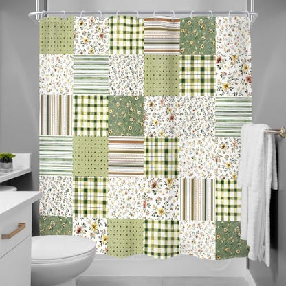 MESHELLY Dark Green Floral Patchwork Shower Curtain 72Wx72H Vintage Checkered Sage Plaid Striped Country Gingham Bathroom Curtain Farmhouse Bath Curtain Bathroom Accessories Decor with 12 Hooks