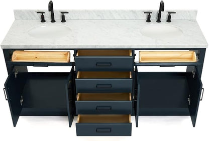 ARIEL Hepburn 72-inch Bathroom Vanity with Sink,Solid Wood, 1.5-inch Italian Carrara Marble Countertop, Double Oval Porcelain Sink, 4 Soft Closing Doors, 6 Dovetail Drawers, Midnight Blue