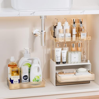 Delamu 5-Tier Makeup Organizer, Bathroom Counter Storage, 3 Drawers, Amber