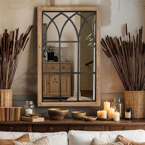 Rustic Window Mirror for Wall Decor, Wooden Frame Decorative Wall Mirror