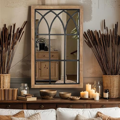 Rustic Window Mirror for Wall Decor, Wooden Frame Decorative Wall Mirror