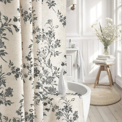 Black Floral Shower Curtain,Vintage Linen Beige Cottagecore Shower Curtains for Bathroom, 72" W x 78" L