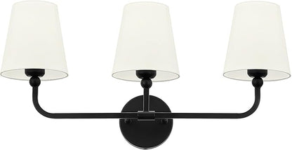 Bathroom Light Fixtures, 3-Light Matte Black Vanity Lights with Flared Beige Fabric Shade, Vintage Sconces Wall Lighting for Hallway Bedroom, VL837-MB-B-3