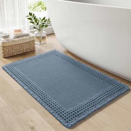 RESARE Waffle Bath Mat for Bathroom, Non Slip Bathroom Rugs 20"x32" Blue