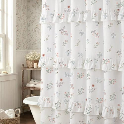 Floral Farmhouse French Country Ruffle Cotton Shower Curtain 72Wx72H