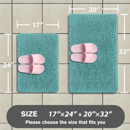Teal Bathroom Rugs Sets 2 Piece – Absorbent and Washable Bath Mat, Non-Slip, Thick Soft Chenille Bath Rugs for Bathroom Floor, Shower, Sink - 17" x 24"+20" x 32"