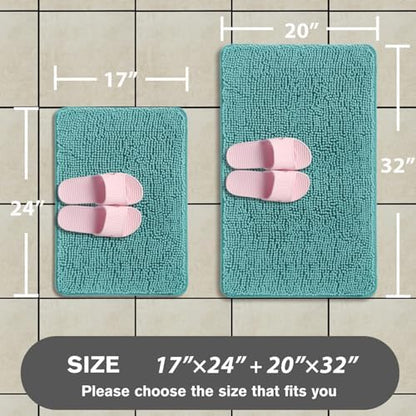 Teal Bathroom Rugs Sets 2 Piece – Absorbent and Washable Bath Mat, Non-Slip, Thick Soft Chenille Bath Rugs for Bathroom Floor, Shower, Sink - 17" x 24"+20" x 32"