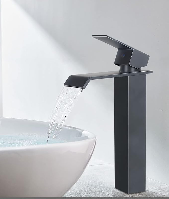 Bathroom Vessel Sink Faucet Black Waterfall One Hole Bowl Sink Faucet Bathroom Faucets Tall Single Handle with Drain Assembly Farmhouse Vanity Lavatory Deck Mount Supply Lines Hose