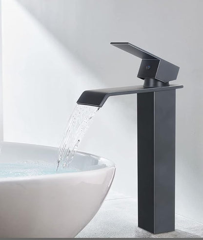 Bathroom Vessel Sink Faucet Black Waterfall One Hole Bowl Sink Faucet Bathroom Faucets Tall Single Handle with Drain Assembly Farmhouse Vanity Lavatory Deck Mount Supply Lines Hose