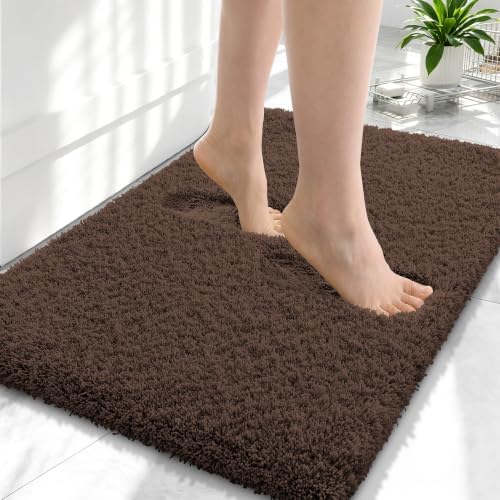 OLANLY Microfiber Small Bathroom Rugs 24x16, Soft Absorbent Bath Mat, Brown
