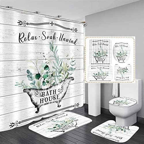Nkzply 4 Pcs Farmhouse Shower Curtain Rustic Bathroom Sets with Shower Curtain and Rugs Floral Shower Curtain Set Green Leaves Bathroom Decor Vintage Bathroom Rugs Set Toilet Lid Cover Hooks