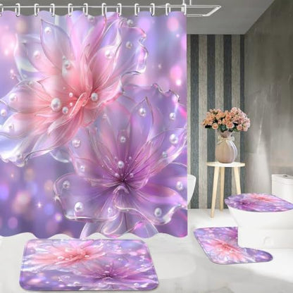 DDQQ 4 Pcs Floral Bathroom Sets with Shower Curtain and Rugs, Pink and Purple Lotus Bathroom Decor Set, Pearl Shower Curtain Set with 12 Hooks