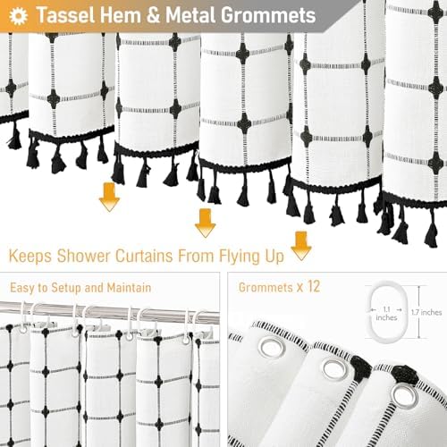 BTTN Long Boho Farmhouse Linen Cloth Shower Curtain, 72x84, White and Black