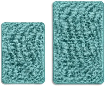 Teal Bathroom Rugs Sets 2 Piece – Absorbent and Washable Bath Mat, Non-Slip, Thick Soft Chenille Bath Rugs for Bathroom Floor, Shower, Sink - 17" x 24"+20" x 32"