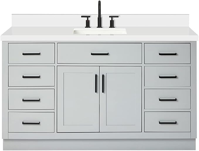 ARIEL Hepburn 60-inch Bathroom Vanity with Sink,Solid Wood, 1.5-inch Pure White Quartz Countertop & Backsplash, Single Rectangular Porcelain Sink, 2 Soft Closing Doors, 9 Dovetail Drawers, Grey