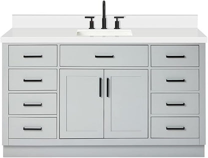 ARIEL Hepburn 60-inch Bathroom Vanity with Sink,Solid Wood, 1.5-inch Pure White Quartz Countertop & Backsplash, Single Rectangular Porcelain Sink, 2 Soft Closing Doors, 9 Dovetail Drawers, Grey