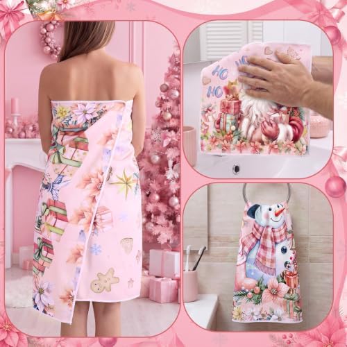 Moukeren Set of 3 Pink Christmas Bathroom Towels Merry Christmas Bath Towel Hand Towels and Washcloth Soft Tree Santa Claus Snowman Decorative Towel Housewarming Gifts for Farmhouse Bathroom Kitchen