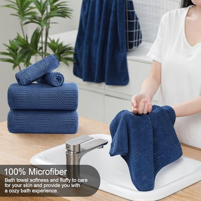 8 Piece Bath Towel Set-2 Oversized Bath Sheets(35"x70"),2 Hand Towels,4 Washcloths-Extra Large Microfiber Towel Sets,Less Lint Highly Absorbent & Quick Dry Bath Towels for Bathroom Gym Pool,Navy