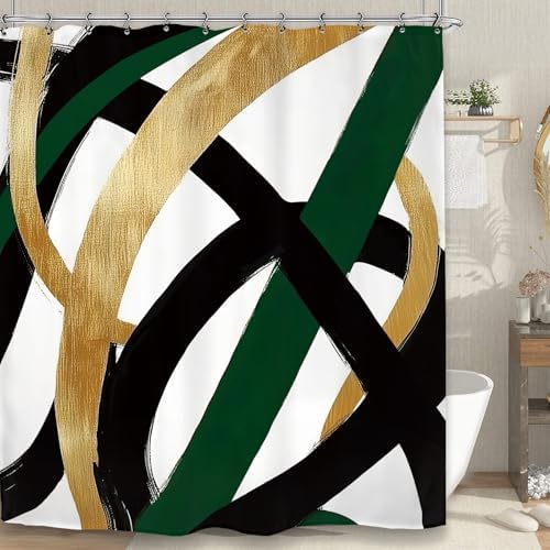Abstract Modern Minimalist Shower Curtain 60Wx72L Inch Black Emerald Green Gold Line Contemporary Art Neutral Simple Bathroom Set Accessories Decor with 12 Pack Hooks