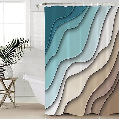 Shower Curtain Bathroom Set Teal Stripes Gradient Water Ripple Waterproof Shower Curtains with Grommets Hooks Brown Abstract Geometric Modern Art Privacy Bath Curtain for Bathtub Decor 72x72in