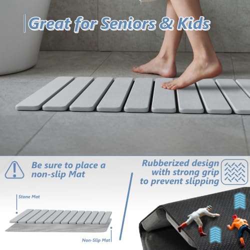 AWW Foldable Stone Bath Mat, Diatomaceous, 31.5"x15.7", Light Grey