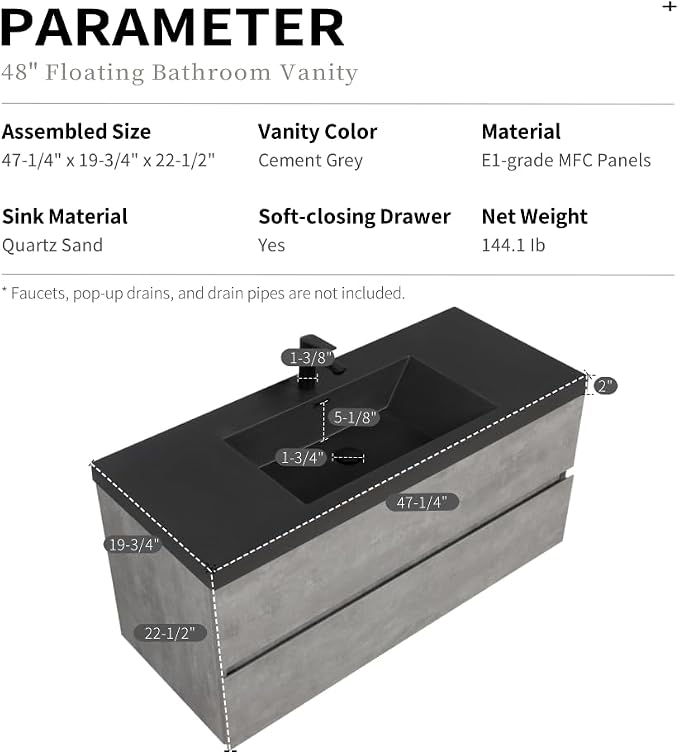 48" Floating Bathroom Vanity with Sink, Modern Wall-Mounted Bathroom Storage Vanity Cabinet with Two Black Quartz Sand Top Basins and Four Soft Close Drawers, Cement Grey