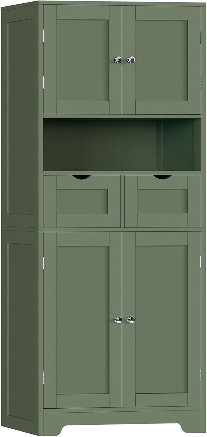 TEENFON 57.8" H Tall Bathroom Storage Cabinet with 2 Drawers & 2 Adjustable Shelves, Floor Cabinet with 4 Doors, Tall Cabinet for Living Room, Dining Room, Entryway, Forest Green