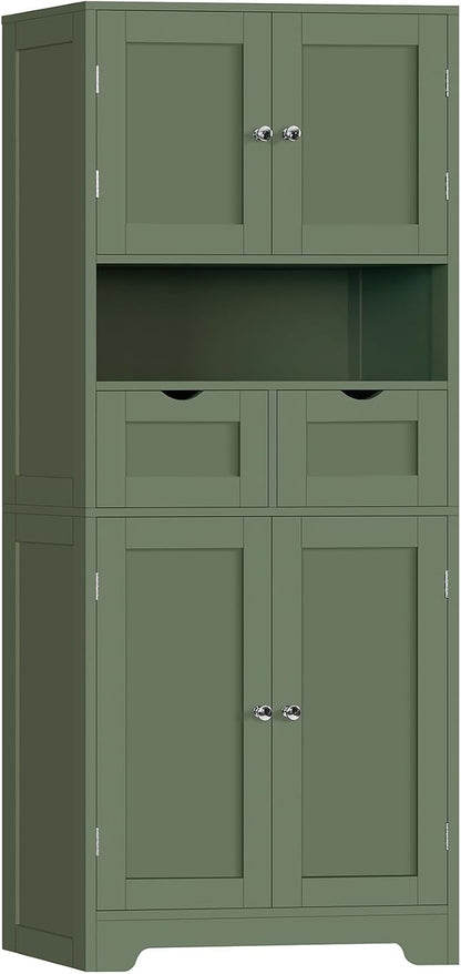 TEENFON 57.8" H Tall Bathroom Storage Cabinet with 2 Drawers & 2 Adjustable Shelves, Floor Cabinet with 4 Doors, Tall Cabinet for Living Room, Dining Room, Entryway, Forest Green