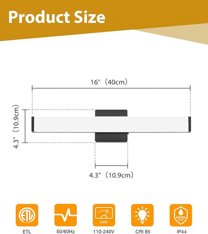 16" LED Bathroom Vanity Light, 10W 5CCT Dimmable, Brushed Black | Wall Bar Light, Rust & Moisture Resistant, Dimmable 2700K-5000K, Energy-saving, moisture-proof, Dresser Bathroom over Mirror
