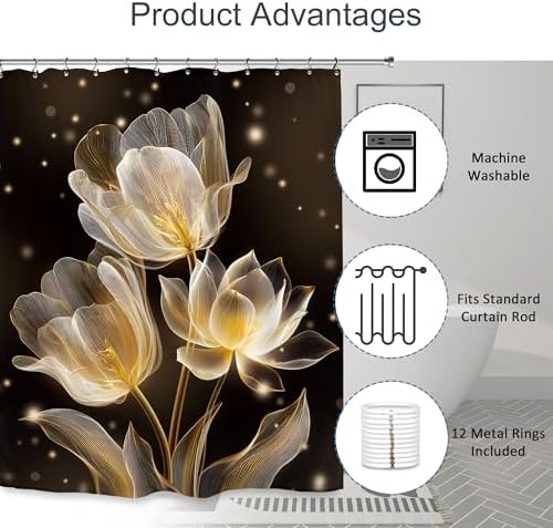 Lotus Tulip Black Gold Shower Curtain 60Wx72L Inch Flower Botanical Blossom Plant Beautiful Bathroom Set Accessories Decor with 12 Pack Hooks