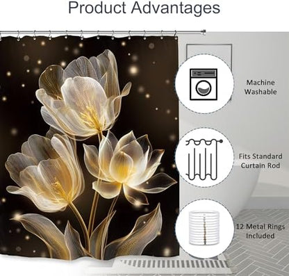 Lotus Tulip Black Gold Shower Curtain 60Wx72L Inch Flower Botanical Blossom Plant Beautiful Bathroom Set Accessories Decor with 12 Pack Hooks