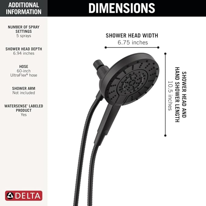 Delta 5-Setting In2ition 2-in-1 Dual Shower Head with Handheld High Pressure ProClean Spray, Matte Black Detachable Shower Head with Hose, 1.75 GPM Flow Rate, Matte Black 75548BL