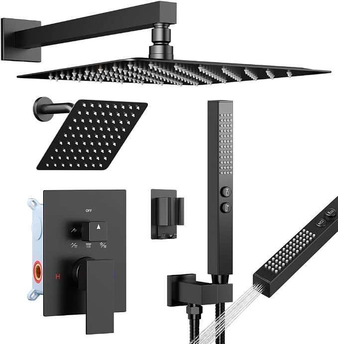 Shower Faucet Sets Rainfall Shower System, 12'' and 6'' Wall Mount Dual Shower Head, 2-in-1 Handheld Spray Gun, 5 Function Diverter with Pressure Balancing Valve Shower Set Matte Black
