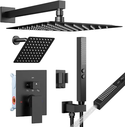 Shower Faucet Sets Rainfall Shower System, 12'' and 6'' Wall Mount Dual Shower Head, 2-in-1 Handheld Spray Gun, 5 Function Diverter with Pressure Balancing Valve Shower Set Matte Black