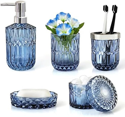 LaMarriti Blue Bathroom Accessories Set, 5Pcs Clear Glass Bathroom Accessories, Hand Soap Dispenser, Soap Dish, Toothbrush Holder Set, Qtips Holder for Crystal Vintage Bath Countertop Decor, Gift Set