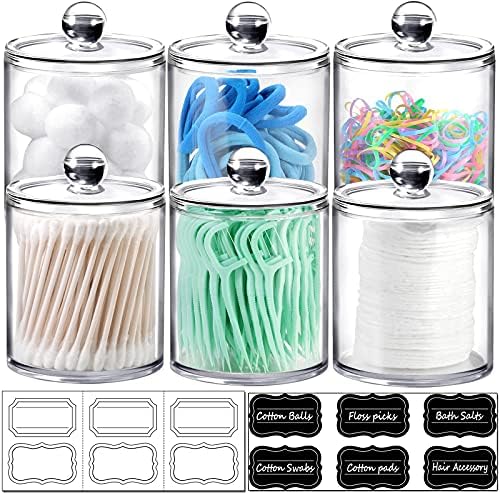 SheeChung 6 Pack Acrylic Qtip Holder with Labels, Qtip Jars for Bathroom