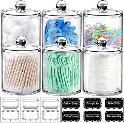 SheeChung 6 Pack Acrylic Qtip Holder with Labels, Qtip Jars for Bathroom