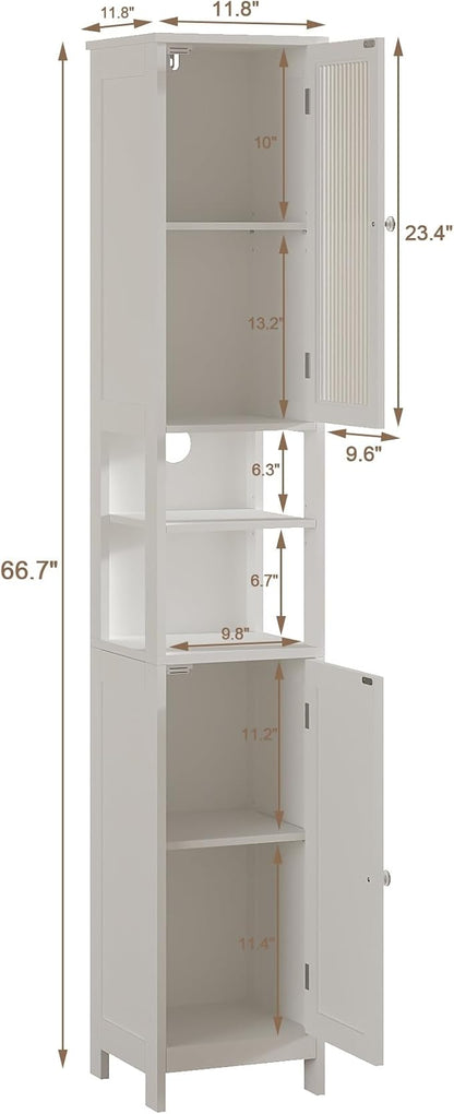 ChooChoo Narrow Bathroom Storage Cabinet with Light, Space Saving | Space Saving,Tall Bathroom Storage Cabinet, 5-Tier, 2 Doors, Slim, Freestanding, Adjustable Shelves, White