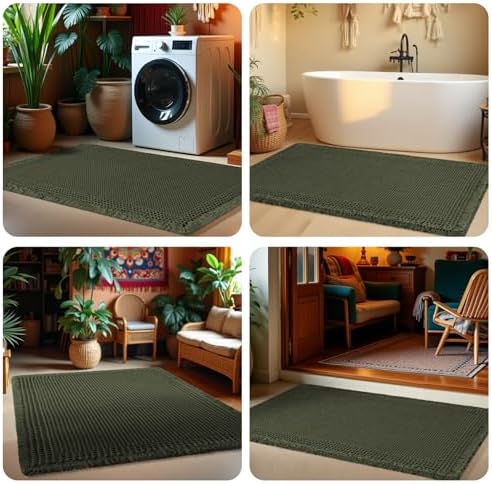 Waffle Bath Mat Set 2 Piece, Boho Woven Modern Bath Rug Absorbent Non Slip, Soft Bathroom Mats, Machine Washable Knit Bath Rugs with Border for Bathroom, Bedroom, Kitchen, Shower, Tub, Dark Green