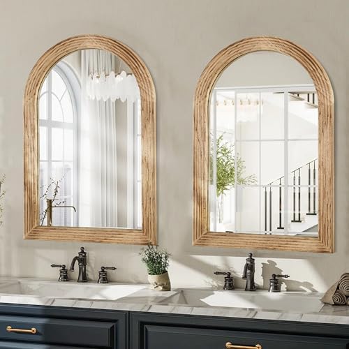 LOSOUR 2 Pack Arched Mirror, Farmhouse Decor Solid Wood Frame Wall Mirror, Vintage Bathroom Mirrors or Bathroom, Living Room,Bedroom, Entryway, Hallway,Foyer (Brown, 2 Pack-30 L x 20" W)