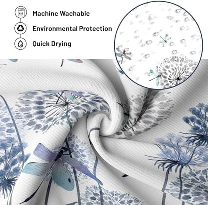 Navy Blue Dandelion Shower Curtain Spring Dark Blue Dragonfly Grey White Watercolor Shower Curtains for Bathroom Decor, Waterproof Cloth Fabric with Hooks 70" Wx72 L