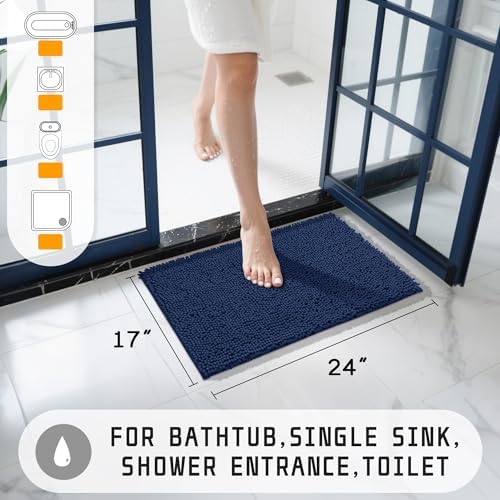 Yimobra Washable Bathroom Rugs, Super Soft & Absorbent Chenille Bath Mat for Floor & Carpet, Quick Dry Non Slip Bath Mat for Tub Shower, 24" x 17",Navy Blue