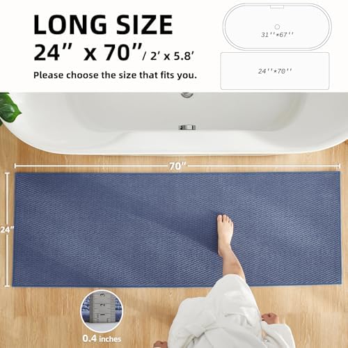TYUU Bathroom Runner Rugs, Long Bath Mat Runner Washable Thin Quick Dry Low Pile Bathroom Runner Rugs Non Slip, Denim Blue 24"x70"
