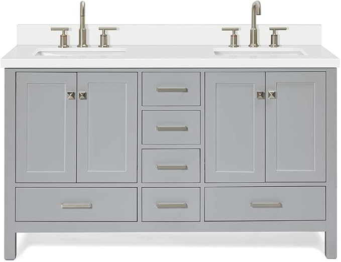 ARIEL Cambridge 60-inch Bathroom Vanity with Sink,Solid Wood, 1.5-inch Pure White Quartz Countertop & Backsplash, Double Rectangular Porcelain Sink, 4 Soft Closing Doors, 6 Dovetail Drawers, Grey