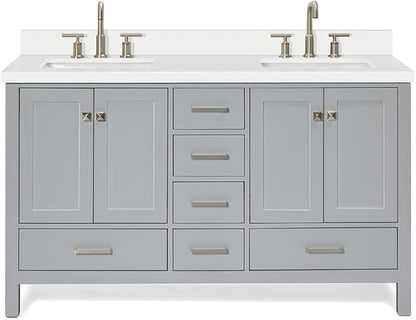 ARIEL Cambridge 60-inch Bathroom Vanity with Sink,Solid Wood, 1.5-inch Pure White Quartz Countertop & Backsplash, Double Rectangular Porcelain Sink, 4 Soft Closing Doors, 6 Dovetail Drawers, Grey
