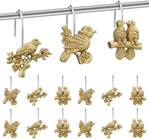 Amyhill 12 Pcs Bird Shower Curtain Hooks Antique Gold Birds Animal Decorative Hooks Rings Bulk Cute Hanger Stainless Steel Resin Nature Spring Themed Curtain Rings for Bathroom Bedroom Home Decor
