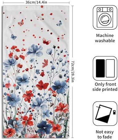4th of July Hand Towel Set of 2, 14x28 Inch Patriotic Red Blue Floral Leaves Absorbent Soft Dish Cloth Towels for Kitchen Bathroom Home Memorial Day Independence Day Decor