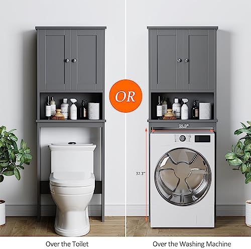 Over the Toilet Storage Cabinet, Bathroom Storage Over Toilet with Two Doors and Adjustable Shelf, Space Saver with Open Shelf, Gray