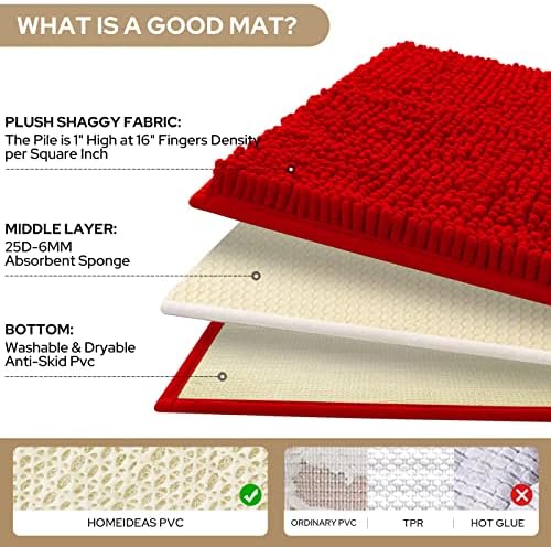 HOMEIDEAS Red Chenille Bathroom Rugs Set of 3, Non Slip Bath Mat