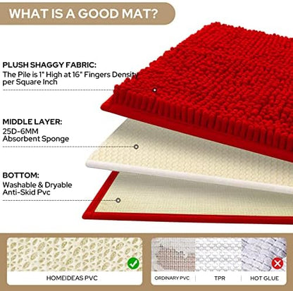 HOMEIDEAS Red Chenille Bathroom Rugs Set of 3, Non Slip Bath Mat
